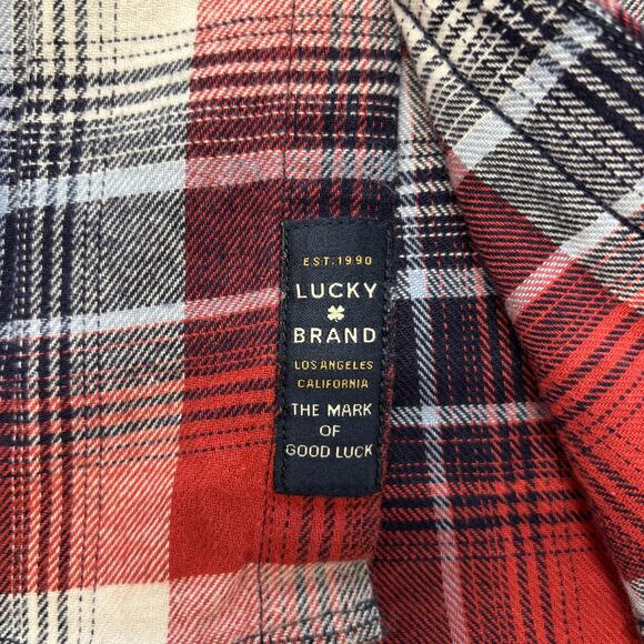 Lucky Brand Red Blue Mens L Saturday Stretch Plaid Flannel Pearl Snap Shirt - Picture 5 of 9